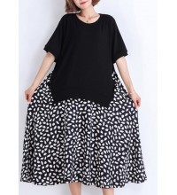 Women black Cotton tunic dress Casual pattern patchwork false two pieces oversized Summer Dresses