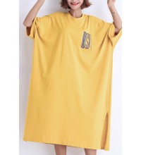 Women yellow cotton dress plus size Fabrics o neck side open Art Summer Dresses